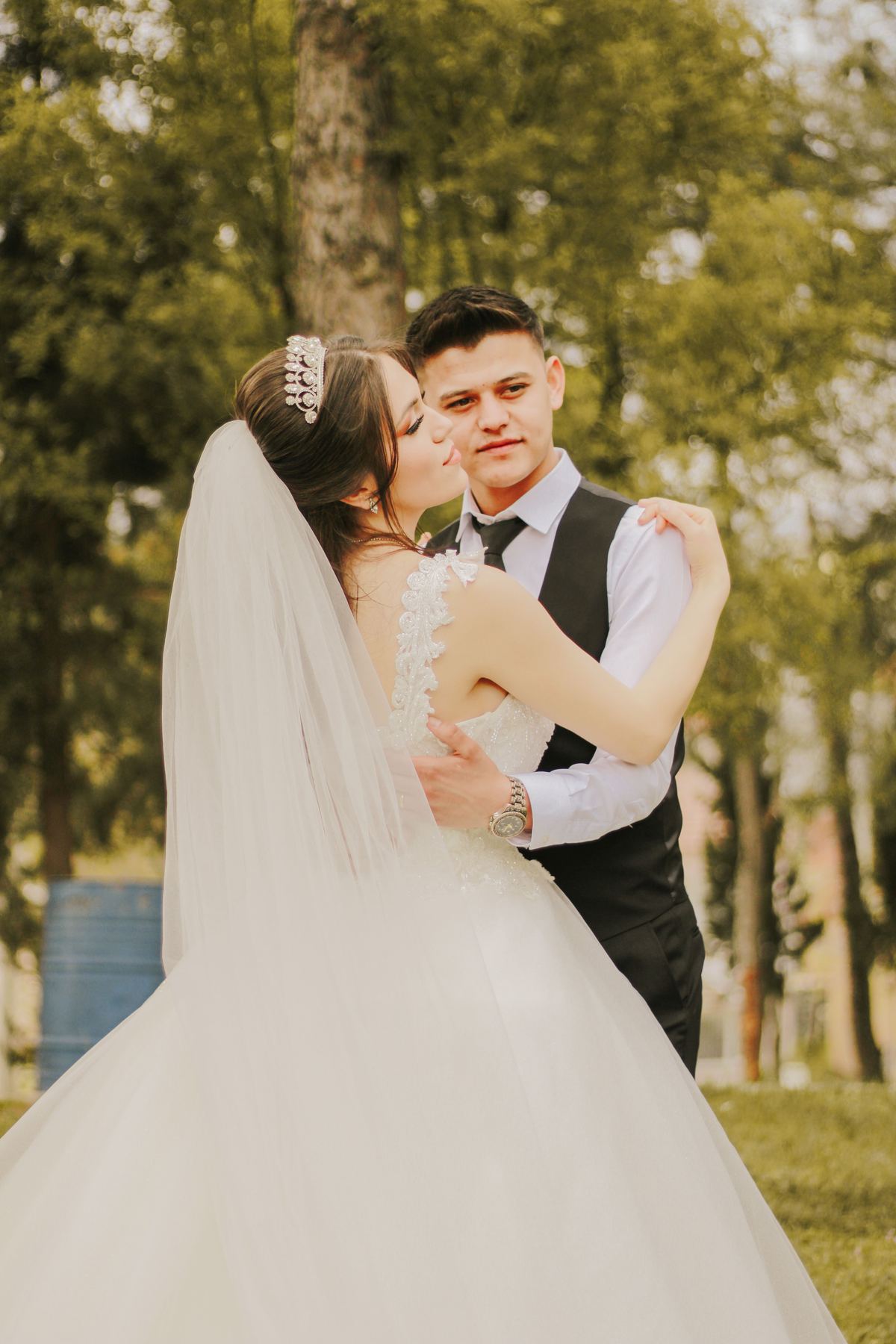 Newlyweds hugging after the ceremony